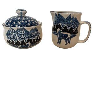 Vintage TienshanSpongeware Folk Art Wolf Creamer Sugar Set Rustic Lodge Cabin